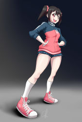 Rule 34 | 1girl, :d, black hair, blush, breasts, drip (meme), full body, hands in pockets, high tops, highres, jacket, love live!, love live! school idol project, meme, open mouth, pink footwear, red eyes, shoes, short shorts, shorts, small breasts, smile, sneakers, socks, solo, standing, triple-q, twintails, yazawa nico