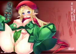 Rule 34 | 1girl, alleyne (queen&#039;s blade), alleyne (queen's blade), beret, blonde hair, blue eyes, blush, boots, braid, breasts, cleft of venus, cover, cover page, elf, fat mons, fighting master alleyne, gloves, goban, green footwear, hat, large breasts, leaf, long hair, looking at viewer, lying, nipples, on back, open mouth, panties, partially visible vulva, pointy ears, pussy, queen&#039;s blade, scarf, solo, spread legs, thigh boots, thighhighs, underwear, wet