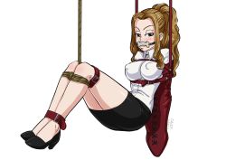 Rule 34 | 1girl, armbinder, bdsm, belt, bit gag, bondage, bound, breasts, brown hair, covered erect nipples, evergreen (fairy tail), fairy tail, gag, high heels, long hair, puffy nipples, sketchlanza, solo