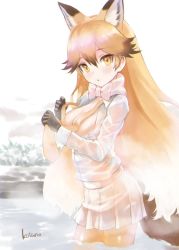 Rule 34 | 10s, 1girl, animal ears, artist name, black gloves, blonde hair, blush, bow, bowtie, breasts, breasts out, ezo red fox (kemono friends), fog, fox ears, fox girl, fox tail, gale kawaii, gloves, kemono friends, long hair, looking at viewer, medium breasts, onsen, pantyhose, partially submerged, pleated skirt, see-through, skirt, solo, standing, steam, tail, unbuttoned, unbuttoned shirt, undressing, wading, water, wet, wet clothes, white skirt, yellow eyes