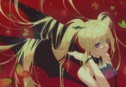 Rule 34 | 1girl, black choker, blonde hair, boori988, bug, butterfly, choker, closed mouth, demon girl, demon wings, dress, facing to the side, green butterfly, head wings, highres, hoshina utau, insect, looking to the side, lunatic charm, orange butterfly, purple eyes, red background, red butterfly, red dress, red theme, shugo chara!, sleeveless, sleeveless dress, twintails, wings, yellow butterfly