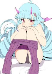 Rule 34 | 1girl, :/, ahoge, animal ear fluff, animal ears, bare arms, bare shoulders, big hair, black panties, blue hair, blunt bangs, closed mouth, clothes pull, delmin (show by rock!!), drill hair, expressionless, flipped hair, flower, hair flower, hair ornament, hands on own knees, hands up, horns, knees together feet apart, knees up, light blush, long hair, looking at viewer, no shoes, panties, pantyhose, pantyhose pull, pink horns, purple pantyhose, red eyes, short eyebrows, show by rock!!, sitting, solo, striped clothes, striped pantyhose, tottotonero, twin drills, underwear, vertical-striped clothes, vertical-striped pantyhose, very long hair, white background, wristband