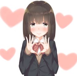 Rule 34 | 1girl, black hair, blush, bow, bowtie, commentary request, go-1, heart, heart background, heart hands, looking at viewer, original, school uniform, short hair, grey eyes, smile, solo