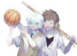 Rule 34 | 2boys, absurdres, arm around shoulder, ball, basketball (object), bead bracelet, beads, blush, bracelet, brown hair, closed eyes, collared shirt, commentary request, earrings, feather earrings, feathers, gradient background, grey hair, happy, highres, jewelry, looking at another, male focus, mikleo (tales), multiple boys, necktie, open mouth, pale skin, partially unbuttoned, purple eyes, school uniform, shinai, shirt, short hair, sketch, smile, sorey (tales), sweater vest, swept bangs, sword, tales of (series), tales of zestiria, upper body, v1oletw1steria, weapon, white background, white shirt