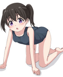 Rule 34 | 1girl, all fours, bare arms, bare legs, bare shoulders, barefoot, black hair, blush, breasts, chestnut mouth, collarbone, commentary request, hair between eyes, highres, kuraue hinata, looking at viewer, open mouth, purple eyes, school swimsuit, shadow, small breasts, solo, swimsuit, takasuma hiro, twintails, white background, yama no susume