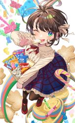 Rule 34 | 1girl, blouse, brown hair, candy, candy cane, cookie, eating, food, frills, green eyes, gummy bear, hair ribbon, high-waist skirt, highres, hololive, itaboon, long sleeves, one eye closed, oozora subaru, oozora subaru (casual), open mouth, pantyhose, pop-tarts, ribbon, shirt, short hair, skirt, snack, solo, virtual youtuber, wrapped candy