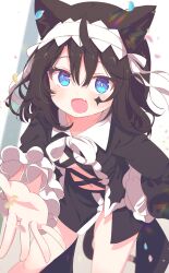 Rule 34 | 1girl, absurdres, animal ears, bent over, black dress, black hair, blue eyes, blush, breasts, cat ears, cat girl, cat tail, clothing cutout, commission, dress, facial mark, falling petals, frilled dress, frills, hairband, highres, long hair, long sleeves, looking at viewer, navel, open mouth, original, petals, revealing clothes, shiro9jira, skeb commission, small breasts, smile, solo, star (symbol), star facial mark, stomach cutout, tail, underboob, white hairband