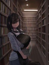 Rule 34 | 1girl, apron, black hair, blush, book, bookstore, breast rest, breasts, brown eyes, carried breast rest, carrying, denim, glasses, hair over one eye, highres, indoors, jeans, large breasts, long bangs, long hair, looking at viewer, low twintails, natsuishi nana, open mouth, original, pants, shop, sweater, twintails