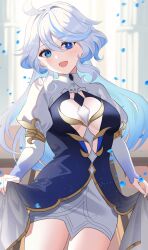 Rule 34 | 1girl, absurdres, blue eyes, blue hair, drop-shaped pupils, furina (genshin impact), genshin impact, highres, light blue hair, long hair, long sleeves, looking at viewer, open mouth, rererere mon, smile, solo, symbol-shaped pupils