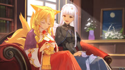 Rule 34 | 2girls, :d, airi ganguru, angel wings, animal ears, black capelet, black dress, blonde hair, bookshelf, braid, breasts, brown eyes, capelet, cleavage, closed eyes, copyright name, couch, dairoku ryouhei, dress, facial mark, flower, forehead mark, fox girl, highres, indoors, kitsune, knitting, kyuubi, long hair, long sleeves, looking at another, mithria librarian, multiple girls, multiple tails, open mouth, painting (object), red dress, scarf, sitting, small breasts, smile, sunlight, tail, tian zhi shi shi, twin braids, vase, whisker markings, white wings, wide sleeves, window, wings, yellow scarf