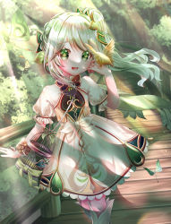 Rule 34 | 1girl, :d, adapted costume, alternate costume, bird, blurry, bracelet, bridge, bug, butterfly, cage, commentary request, depth of field, dress, forest, fumina, genshin impact, gradient hair, green eyes, greyscale, hair between eyes, hair ornament, highres, insect, jewelry, long hair, monochrome, multicolored hair, nahida (genshin impact), nature, open mouth, pointy ears, short sleeves, side ponytail, sidelocks, smile, sunlight, symbol-shaped pupils, tree, walking, white dress, wooden bridge