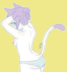 Rule 34 | 1girl, apple amee, back, breasts, cat, censored, censored nipples, furry, heart, heart censor, highres, panties, purple hair, short hair, sideboob, striped clothes, striped panties, tail, topless, underwear