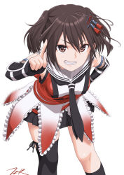 Rule 34 | 1girl, black gloves, black neckerchief, black skirt, elbow gloves, feet out of frame, fingerless gloves, gauntlets, gloves, grin, hair ornament, highres, index finger raised, kantai collection, kneehighs, looking at viewer, neckerchief, sailor collar, scarf, school uniform, sendai (kancolle), sendai kai ni (kancolle), serafuku, simple background, single kneehigh, single sock, single thighhigh, skirt, smile, socks, solo, t2r, thighhighs, two side up, white background, white sailor collar, white scarf
