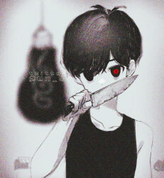 Rule 34 | 1boy, absurdres, bare arms, black hair, black shirt, black tank top, collarbone, covered mouth, film grain, grey background, heterochromia, highres, holding, holding knife, knife, light bulb, looking at viewer, male focus, omori, omori (omori), red eyes, shirt, short hair, solo, tank top, tendoshi