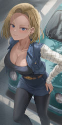 Rule 34 | 1girl, absurdres, alternate breast size, android 18, asymmetrical bangs, belt, belt buckle, blonde hair, blue eyes, blush, breasts, brown belt, buckle, car, cleavage, dragon ball, dragonball z, earrings, facing viewer, feet out of frame, hand on own hip, highres, jewelry, large breasts, light smile, long sleeves, looking at viewer, miniskirt, motor vehicle, outdoors, short hair, skirt, smile, solo, standing, striped sleeves, white sleeves, yj (yojo san)