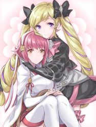 Rule 34 | 2girls, aiueo1234853, bad id, bad twitter id, black bow, black gloves, blonde hair, bow, brown eyes, closed mouth, dress, earrings, elise (fire emblem), fingerless gloves, fire emblem, fire emblem fates, gloves, hair bow, hairband, highres, jewelry, long hair, multicolored hair, multiple girls, nintendo, pink hair, purple eyes, purple hair, sakura (fire emblem), short hair, smile, thighhighs, twintails, white legwear
