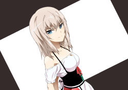 Rule 34 | 10s, 1girl, alternate costume, apron, bare shoulders, breasts, cleavage, closed mouth, commentary, corset, cwind, dirndl, dutch angle, from side, german clothes, girls und panzer, itsumi erika, long hair, looking at viewer, medium breasts, off-shoulder shirt, off shoulder, red skirt, shirt, short sleeves, skirt, smile, solo, standing, underbust, upper body, waist apron, white apron, white shirt