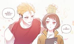 Rule 34 | 1boy, 1girl, :o, ^^^, blonde hair, box, brown eyes, brown hair, clipboard, confetti, earrings, gift, gift box, haikyuu!!, happy birthday, height difference, holding, holding gift, jacket, jewelry, korean commentary, looking at another, misaki hana, multicolored hair, red shirt, sanme, shirt, short hair, single earring, speech bubble, streamers, terushima yuuji, track jacket, two-tone hair, white shirt