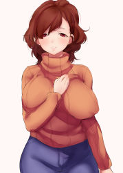 Rule 34 | 1girl, atlus, blush, breasts, brown hair, denim, earrings, covered erect nipples, impossible clothes, impossible sweater, jeans, jewelry, large breasts, mature female, naso4, aged up, pants, parted lips, persona, persona 3, persona 3 portable, persona 4, persona 4: the ultimate in mayonaka arena, ponytail, red eyes, ribbed sweater, shiomi kotone, solo, sweater, turtleneck