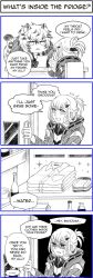 Rule 34 | 1boy, 1girl, 4koma, animal ears, arknights, bottle, clothes, comic, doctor (arknights), english text, female doctor (arknights), folded clothes, from behind, gloves, hair between eyes, hair ornament, hairclip, highres, jacket, leopard boy, leopard ears, long hair, long sleeves, monochrome, necktie, reading, refrigerator, sarasenia92, shirt, silverash (arknights), sitting, table, tail, vertical comic