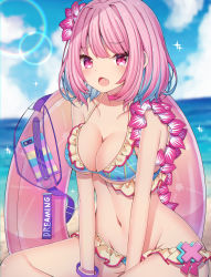 Rule 34 | 1girl, :o, absurdres, bare arms, bare shoulders, bikini, blue bikini, blue hair, blue sky, blurry, breasts, cleavage, cloud, collarbone, commentary request, day, depth of field, fang, flower, flower necklace, groin, hair flower, hair ornament, halterneck, highres, horizon, idolmaster, idolmaster cinderella girls, innertube, jewelry, large breasts, lei, looking at viewer, multicolored hair, navel, necklace, ocean, open mouth, outdoors, pink eyes, pink hair, rainbow, sapphire (sapphire25252), short hair, sidelocks, sitting, sky, solo, sunlight, swim ring, swimsuit, tears, thighs, two-tone hair, water, wristband, yumemi riamu