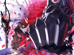Rule 34 | 1girl, albino, animal ear fluff, animal ears, black dress, blue ribbon, breasts, cat ears, cleavage, dress, english text, flower, fox ears, frills, holding, holding sword, holding weapon, huge weapon, kincora, lance, long hair, looking at viewer, medium breasts, petals, pixiv fantasia, pixiv fantasia t, polearm, profile, red eyes, ribbon, short hair, sketch, solo, sword, weapon, white hair