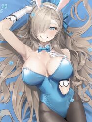 Rule 34 | 1girl, arms up, asuna (blue archive), asuna (bunny) (blue archive), black pantyhose, blue archive, blue bow, blue bowtie, bow, bowtie, breasts, collar, daiiichukiii, flower, highres, large breasts, leotard, lying, pantyhose, playboy bunny, rabbit ears, smile, solo