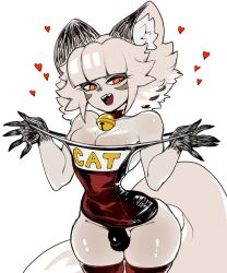 Rule 34 | 1boy, animal ear fluff, animal ears, bare shoulders, bell, blunt bangs, bulge, cat boy, cat ears, cat tail, catmaid (dizzyspells), clothes pull, collar, colored skin, cowboy shot, crossdressing, dizzyspells, facial mark, fingernails, fluffy, furry, furry male, genderswap, genderswap (ftm), half-closed eyes, hands up, heart, highres, looking to the side, male focus, neck bell, one-piece swimsuit, open mouth, orange eyes, original, pectoral cleavage, pectorals, red collar, red one-piece swimsuit, red thighhighs, school swimsuit, sharp fingernails, sharp teeth, shiny skin, short hair, simple background, skindentation, sleeveless, slit pupils, smile, smug, smug smile, solo, swimsuit, swimsuit pull, tail, teeth, thick thighs, thighhighs, thighs, trap, upper teeth only, white background, white hair, white skin
