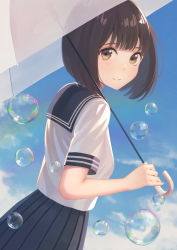 Rule 34 | 1girl, absurdres, bad id, bad pixiv id, black sailor collar, black skirt, blue sky, blunt bangs, blush, bob cut, breasts, brown eyes, brown hair, closed mouth, cloud, commentary, cowboy shot, day, dutch angle, english commentary, from side, highres, holding, holding umbrella, huge filesize, looking at viewer, looking to the side, original, outdoors, pleated skirt, sailor collar, school uniform, serafuku, shirt, short hair, short sleeves, skirt, sky, small breasts, smile, soap bubbles, solo, tanbonota46, transparent, transparent umbrella, umbrella, white shirt