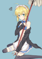 Rule 34 | 1girl, ahoge, apron, artoria pendragon (all), artoria pendragon (alter swimsuit rider) (second ascension) (fate), artoria pendragon (fate), between legs, black jacket, blonde hair, blue background, blue bra, blue skirt, bra, braid, braided bun, breasts, broom, character request, closed mouth, embarrassed, fate (series), frilled apron, frilled bra, frilled skirt, frills, frown, green eyes, grey thighhighs, hair between eyes, hair bun, hand between legs, highres, holding, holding broom, jacket, long sleeves, looking at viewer, maid headdress, medium hair, midriff, miniskirt, navel, nayu tundora, open clothes, open jacket, saber (fate), shiny clothes, shiny legwear, sidelocks, simple background, sitting, skirt, small breasts, solo, stomach, sweatdrop, thighhighs, underwear, waist apron, white apron, zettai ryouiki