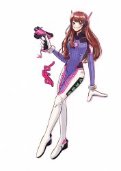 Rule 34 | 1girl, :d, acronym, animal print, armor, bodysuit, boots, bracer, breasts, brown eyes, brown hair, character name, d.va (overwatch), eyebrows, eyelashes, facepaint, facial mark, finger on trigger, full body, gloves, grin, gun, hand up, handgun, headphones, highres, holding, holding gun, holding weapon, legs together, lips, lipstick, long hair, long sleeves, looking at viewer, makeup, open mouth, overwatch, overwatch 1, pauldrons, pilot suit, rabbit print, red lips, ribbed bodysuit, shoulder armor, shoulder pads, simple background, small breasts, smile, solo, thigh boots, thigh strap, thighhighs, turtleneck, weapon, whisker markings, white background, white footwear, white gloves