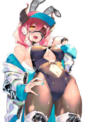 Rule 34 | 1girl, animal ears, armpits, ayamori mimi, barcode, bare shoulders, black leotard, blue hat, blue nails, blush, breasts, brown thighhighs, center opening, earrings, fake animal ears, fingernails, from below, gluteal fold, hair between eyes, hand on own hip, hat, highleg, highleg leotard, highres, horns, jacket, jewelry, leotard, long sleeves, looking at viewer, looking down, medium breasts, medium hair, nail polish, off shoulder, one eye covered, open clothes, open jacket, open mouth, original, pantyhose, pink hair, playboy bunny, rabbit ears, ring, short hair, simple background, solo, teeth, thighhighs, torn clothes, torn legwear, underboob, upper teeth only, visor cap, white background, white jacket, white thighhighs, wristband, yellow eyes