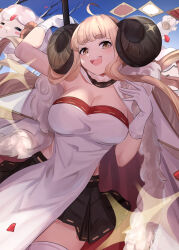 Rule 34 | 1girl, :d, = =, anila (granblue fantasy), arm up, armpits, blonde hair, blunt bangs, blush stickers, breasts, brown eyes, cape, cleavage, cowboy shot, curled horns, daweykun, draph, fur trim, gloves, granblue fantasy, highres, horns, large breasts, long hair, open mouth, pleated skirt, sheep, sheep horns, short eyebrows, sidelocks, skirt, sky, smile, solo, sparkle, teeth, thighhighs, upper teeth only, white gloves