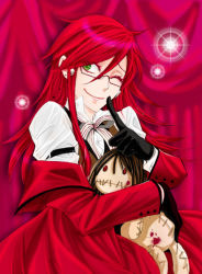 Rule 34 | androgynous, coat, curtains, doll, gender request, glasses, gloves, green eyes, grell sutcliff, kurimonaka, kuroshitsuji, male focus, red hair, smile, wink