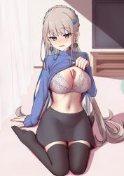 Rule 34 | 1girl, black skirt, black thighhighs, blue hair, blue sweater, braid, braided hair rings, breasts, cleavage, clothes lift, commentary request, curtains, earrings, elfenlied22, fate/grand order, fate (series), grey hair, hat, highres, indoors, jewelry, large breasts, lifted by self, long hair, looking at viewer, multicolored hair, no shoes, paid reward available, pope joan (fate), sitting, skirt, smile, solo, sweater, sweater lift, television, thighhighs, turtleneck, turtleneck sweater