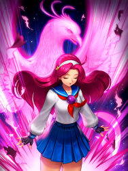 Rule 34 | 1girl, asamiya athena, bird, blouse, closed mouth, closed eyes, fingerless gloves, gloves, highres, long hair, official art, phoenix, pink hair, pleated skirt, psycho soldier, sailor collar, school uniform, serafuku, shirt, skirt, snk, solo, the king of fighters, the king of fighters all-stars, the king of fighters xi, white shirt