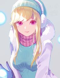 Rule 34 | alternate costume, alternate hair color, beanie, blonde hair, breasts, coat, earmuffs, gloves, hat, league of legends, lipstick, long hair, makeup, pink lips, purple eyes, scarf, smile, snow day syndra, sweater, swept bangs, syndra, uso (ameuzaki), v, winter clothes, winter coat