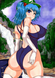 Rule 34 | 1girl, ass, backpack, bag, blue eyes, blue hair, blue one-piece swimsuit, blush, breasts, cloud, covered erect nipples, elbow gloves, gloves, huge breasts, kawashiro nitori, looking at viewer, looking back, matching hair/eyes, n (dai n honpo), one-piece swimsuit, one eye closed, short hair, smile, solo, swimsuit, thighhighs, touhou, twintails, two side up, unworn backpack, unworn bag, water, waterfall, white background, wink