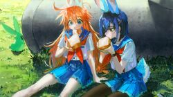 Rule 34 | 2girls, animal ears, arm support, biting, black pantyhose, blue eyes, blue hair, blue sailor collar, blue skirt, blush stickers, bob cut, bread, brown eyes, clothing cutout, commentary request, day, eating, feet out of frame, flip flappers, food, food in mouth, grass, hair between eyes, hair ornament, hairclip, hand up, hands up, highres, holding, holding food, kokomine cocona, long hair, looking at food, looking down, messy hair, mouth hold, multiple girls, neckerchief, on grass, on ground, orange hair, outdoors, pantyhose, papika (flip flappers), pleated skirt, quasarcake, rabbit, red neckerchief, sailor collar, school uniform, serafuku, shirt, short hair, short sleeves, sitting, skirt, tail, tail through clothes, uexkull, very long hair, watch, white shirt, wristwatch