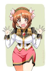 Rule 34 | 1girl, blush, brooch, brown eyes, brown hair, commentary, cosplay, cowboy shot, epaulettes, flower, frown, galaxy angel, girls und panzer, green background, green hairband, hair flower, hair ornament, hairband, high collar, highres, inoue yoshihisa, jacket, jewelry, juliet sleeves, long sleeves, looking at viewer, milfeulle sakuraba, milfeulle sakuraba (cosplay), miniskirt, nishizumi miho, open mouth, outside border, pencil skirt, puffy sleeves, rounded corners, short hair, side slit, skirt, solo, standing, textless version, twitter username, uniform, w arms, white jacket