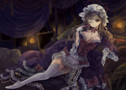 Rule 34 | 1girl, blonde hair, bow, breasts, cleavage, dress, feet, hat, hat ribbon, highres, lace, lace-trimmed legwear, lace trim, lamp, large breasts, light smile, long hair, long sleeves, lying, mob cap, no shoes, on side, one eye closed, purple dress, purple eyes, ribbon, rikapo, solo, thighhighs, touhou, very long hair, white thighhighs, wide sleeves, yakumo yukari