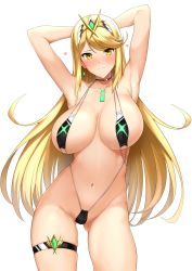 Rule 34 | 1girl, armpits, arms behind head, blonde hair, blush, breasts, chest jewel, cleavage, closed mouth, commentary request, cowboy shot, gem, hair ornament, halcon, headpiece, heart, highres, jewelry, large breasts, long hair, looking at viewer, mythra (xenoblade), navel, nintendo, simple background, skindentation, slingshot swimsuit, solo, swept bangs, swimsuit, thigh strap, thighhighs, thighs, tiara, white background, xenoblade chronicles (series), xenoblade chronicles 2, yellow eyes