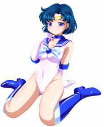 Rule 34 | 1girl, bishoujo senshi sailor moon, blue bow, blue choker, blue eyes, blue footwear, blue hair, blue sailor collar, bow, breasts, choker, commentary request, covered navel, elbow gloves, gloves, highleg, highleg leotard, highres, leotard, magical girl, medium breasts, mizuno ami, pirochi, sailor collar, sailor mercury, sailor senshi uniform, short hair, simple background, sitting, solo, tiara, wariza, white background, white gloves