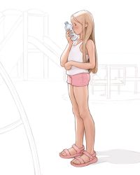 Rule 34 | 1girl, bad id, bad pixiv id, bare arms, bare legs, bare shoulders, blonde hair, blush, bottle, child, closed mouth, from side, full body, highres, holding, holding bottle, long hair, luimiart, original, park, pink footwear, pink shorts, sandals, shirt, short shorts, shorts, sleeveless, sleeveless shirt, slide, solo, standing, sweat, unfinished, sketch background, water bottle, white shirt