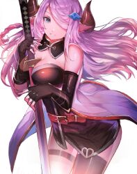 Rule 34 | 1girl, black dress, blue eyes, breasts, cleavage, detached collar, dress, fingerless gloves, gloves, granblue fantasy, hair ornament, hair over one eye, hairclip, highres, holding, holding sword, holding weapon, horns, katana, large breasts, long hair, narmaya (granblue fantasy), purple hair, solo, strapless, sword, tarbo (exxxpiation), thighhighs, weapon
