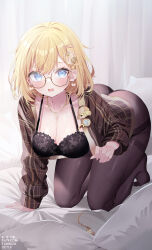 Rule 34 | 1girl, all fours, artist name, ass, black bra, blonde hair, blue eyes, blush, bra, breasts, bubba (watson amelia), casual, cleavage, collarbone, deyui, earrings, glasses, hair between eyes, hair ornament, hairclip, heart, heart earrings, highres, hololive, hololive english, jacket, jewelry, large breasts, looking at viewer, necklace, on bed, open mouth, panties, panties under pantyhose, pantyhose, pillow, round eyewear, shirt, short hair, solo, sweat, underwear, virtual youtuber, watson amelia, watson amelia (street casual)