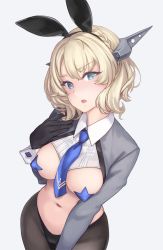 Rule 34 | 1girl, alternate costume, animal ears, artist name, black pantyhose, blonde hair, blue eyes, blue necktie, braid, breasts, colorado (kancolle), cowboy shot, dated, fake animal ears, grey background, groin, headgear, kantai collection, large breasts, looking at viewer, meme attire, navel, necktie, open mouth, pantyhose, pasties, rabbit ears, reverse bunnysuit, reverse outfit, rokuwata tomoe, short hair, side braid, signature, simple background, single braid, solo, star pasties, twitter username, wrist cuffs
