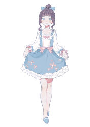 Rule 34 | 1girl, absurdres, blue bow, blue dress, blue eyes, blue footwear, blush, bow, brown hair, closed mouth, clothes lift, collarbone, commentary, dress, dress bow, dress lift, floral print, frilled dress, frills, full body, hair bow, hidari (nanmu-left), highres, lifting own clothes, long sleeves, medium hair, original, pink bow, pink ribbon, ribbon, shoes, short eyebrows, simple background, sleeves past wrists, smile, solo, standing, straight-on, striped, striped bow, symbol-only commentary, tachi-e, tareme, topknot, wavy hair, white background