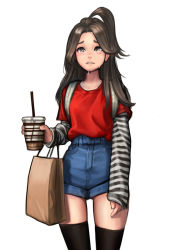 Rule 34 | 1girl, bag, black thighhighs, blouse, blue shorts, brown eyes, brown hair, commentary request, crying, crying with eyes open, cup, drinking straw, highres, holding, jungon kim, long hair, long sleeves, looking at viewer, original, parted bangs, parted lips, red shirt, shirt, short shorts, shorts, simple background, solo, standing, tears, thighhighs, white background