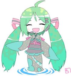 Rule 34 | green hair, hatsune miku, headset, japanese clothes, kirari chito, long hair, lowres, microphone, solo, twintails, very long hair, vocaloid, water
